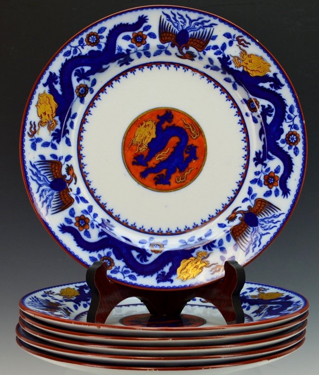 Early Minton Porcelain Chinese Dragon Plates: Includes (6) Minton English porcelain plates by Minton in the Chinese Dragon and Bird pattern with flow blue, gilt and polychrome decoration. All plates date to 1853. Very little loss if any to the gi