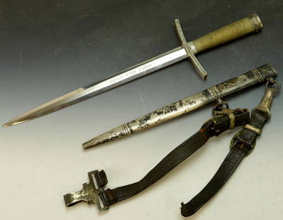 WWII German Military Hitler Youth Dagger: Hitler youth leader dagger, silver plated mountings and silver wire grip. Blade is marked BLUT UND EHRE! and RZM M7/36 made by E.U.F Horster. Scabbard retains original dual strap leather hanger, one