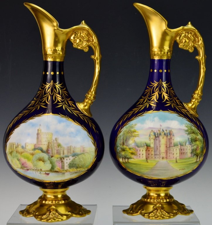 Royal Crown Derby Porcelain Ewer Grouping: Includes a pair of limited edition Royal Crown Derby bone china ewers. Both exclusive to Peter Jones China of Wakefield. First depicts Glamis Castle and is #9 of 250. Second depicts windsor castle and