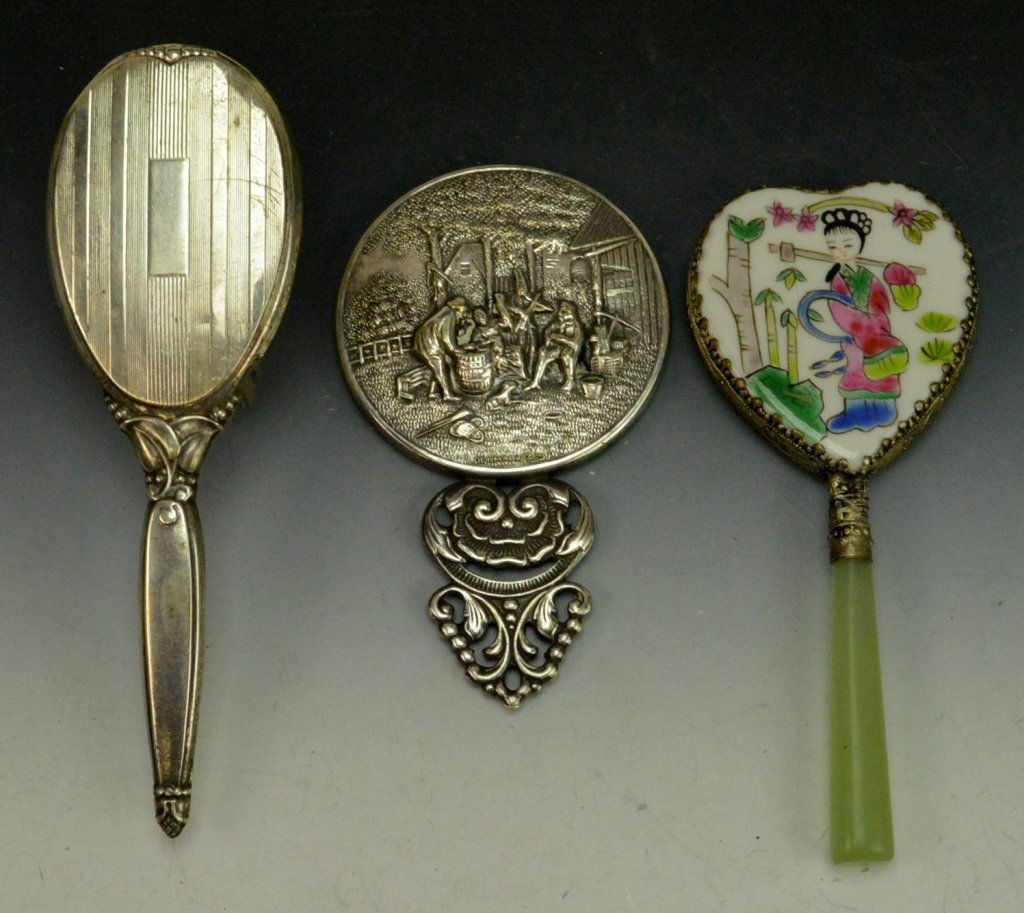 Porcelain Jade Mirror Grouping: Sterling handled brush, jade handled mirror with porcelain back. Small hand mirror marked Denmark