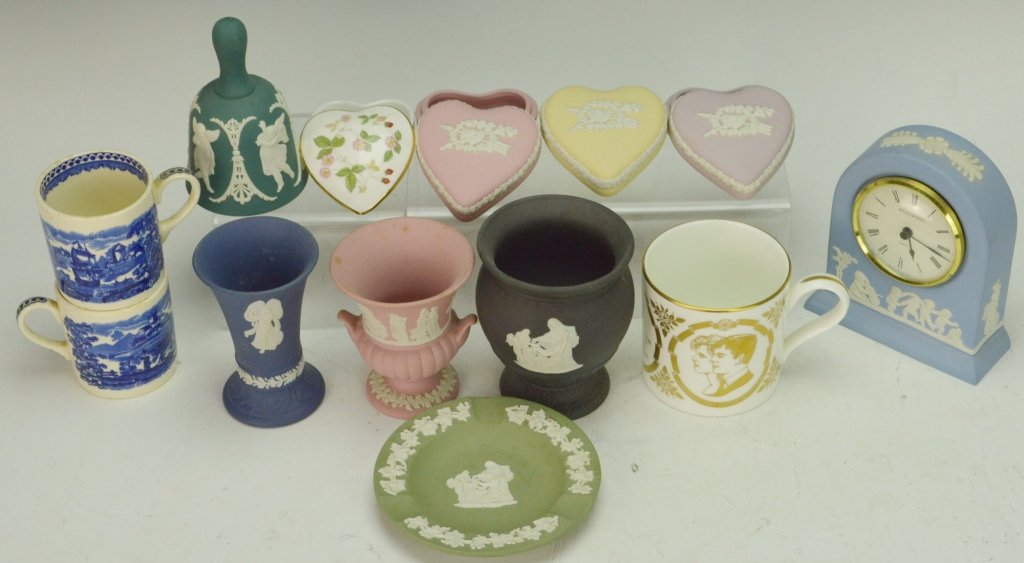 Wedgewood Grouping: Includes small mantle clock, measures 4.75" tall; three vases, small dish, Duke of York and Miss Sarah Ferguson (Duchess of York) mug, four lidded heart trinket boxes, bell missing clanger, pair of sm