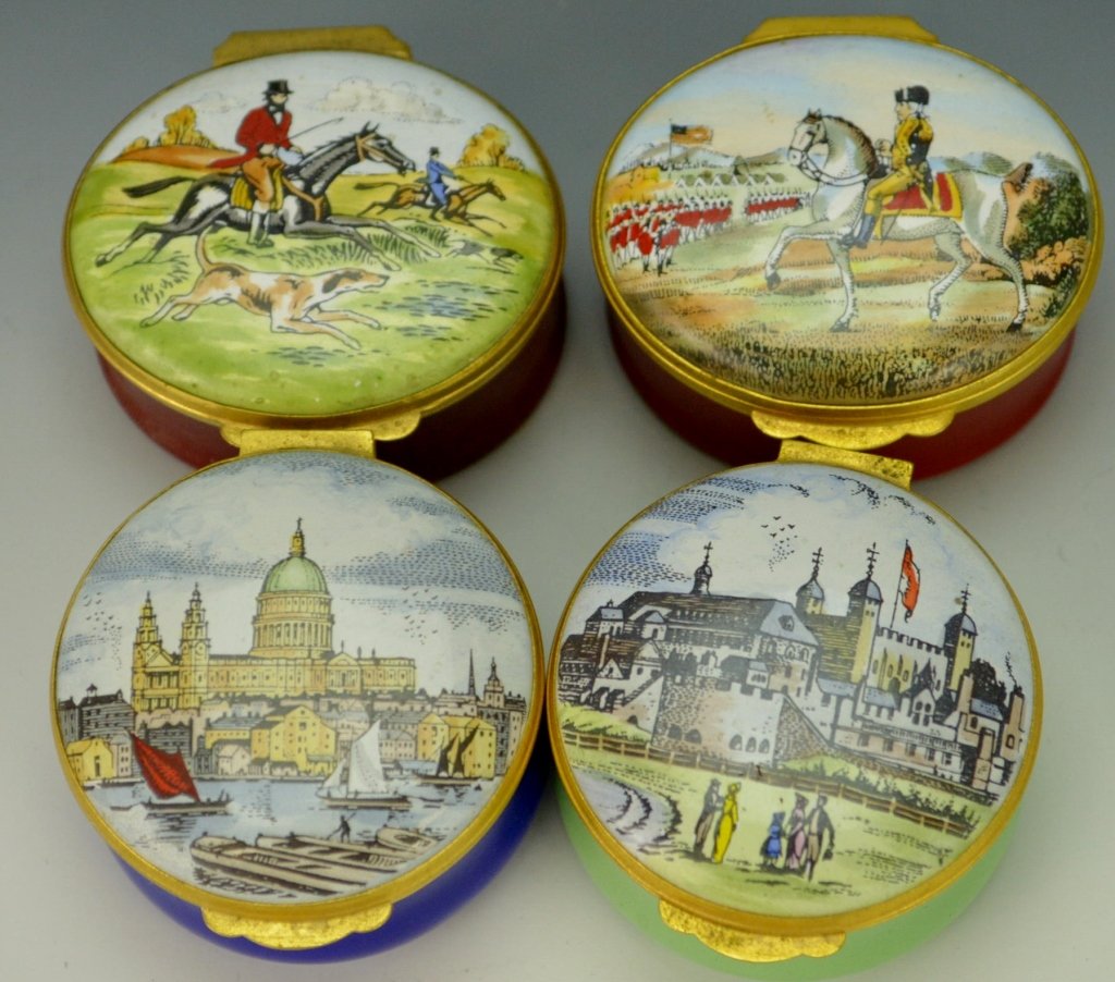 Crummles & Company Enamel Pill or Snuff Boxes: Two are round, two are oval. Measure about 1.75" each.