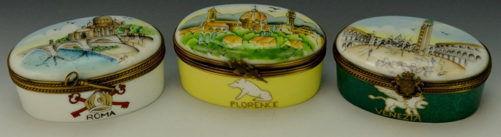 Limoges France, Peint Main Eximious, Italian City: Includes three oval cityscape trinket / pill / snuff boxes: Florence, Roma, and Venezia. Measures 2.5" oval