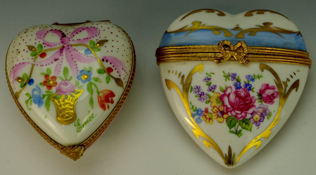 Limoges France, Heart-Shaped Hinged Boxes: Includes two hinged-lid porcelain trinket boxes. Larger measures 2.75".