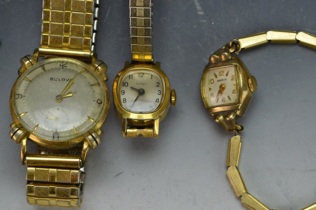 Vintage Watch Grouping: Includes ladies 10k gf, ladies timex, unknown maker mens watch, Mens Bulova 10k gf, and another Mens10k gf watch