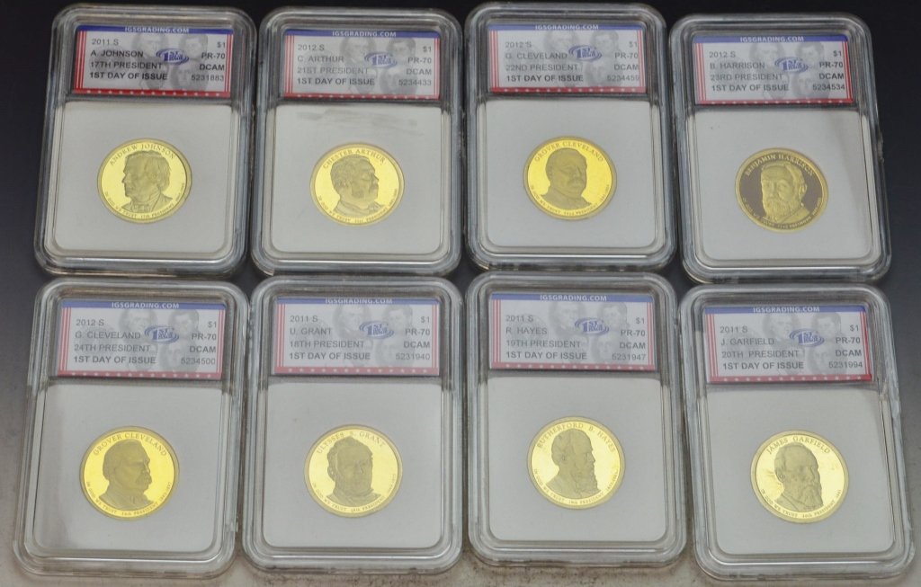 Presidential Dollar First Day Issue 2011-12 S Pr70: Includes (8) Presidential dollars, first day issue IGS graded Pr-70coins, 2011 s Garfield, Hayes, Grant, Johnson 2012 S Arthur, Cleveland, Harrison, Cleveland
