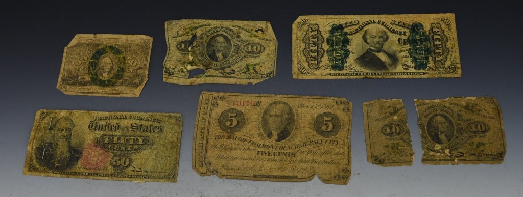 Fractional Currency Grouping: Includes (2) Washington ten cents (one torn), 50 cents washington, 50 cents Spinner, 5 cent Jersey city 1862, 50 cent Stanton