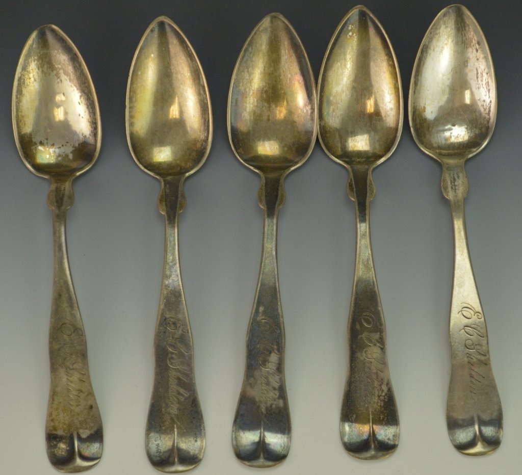 Palmer and Balchelders Coin Silver Spoons: Includes five Palmer and Balchelders Coin Silver Spoons, measures 6" 2.5ozt