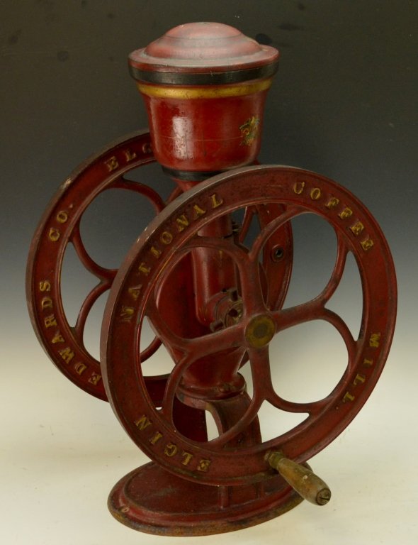 Early Woodruff & Edwards Co. Coffee Grinder: Early Woodruff & Edwards Co. Countertop Cast-Iron 2 Wheel Coffee Grinder, Elgin National Coffee Mill, Elgin, Ill., Eagle finial missing. Retains original paint, Woodruff & Edwards label, and handle - 