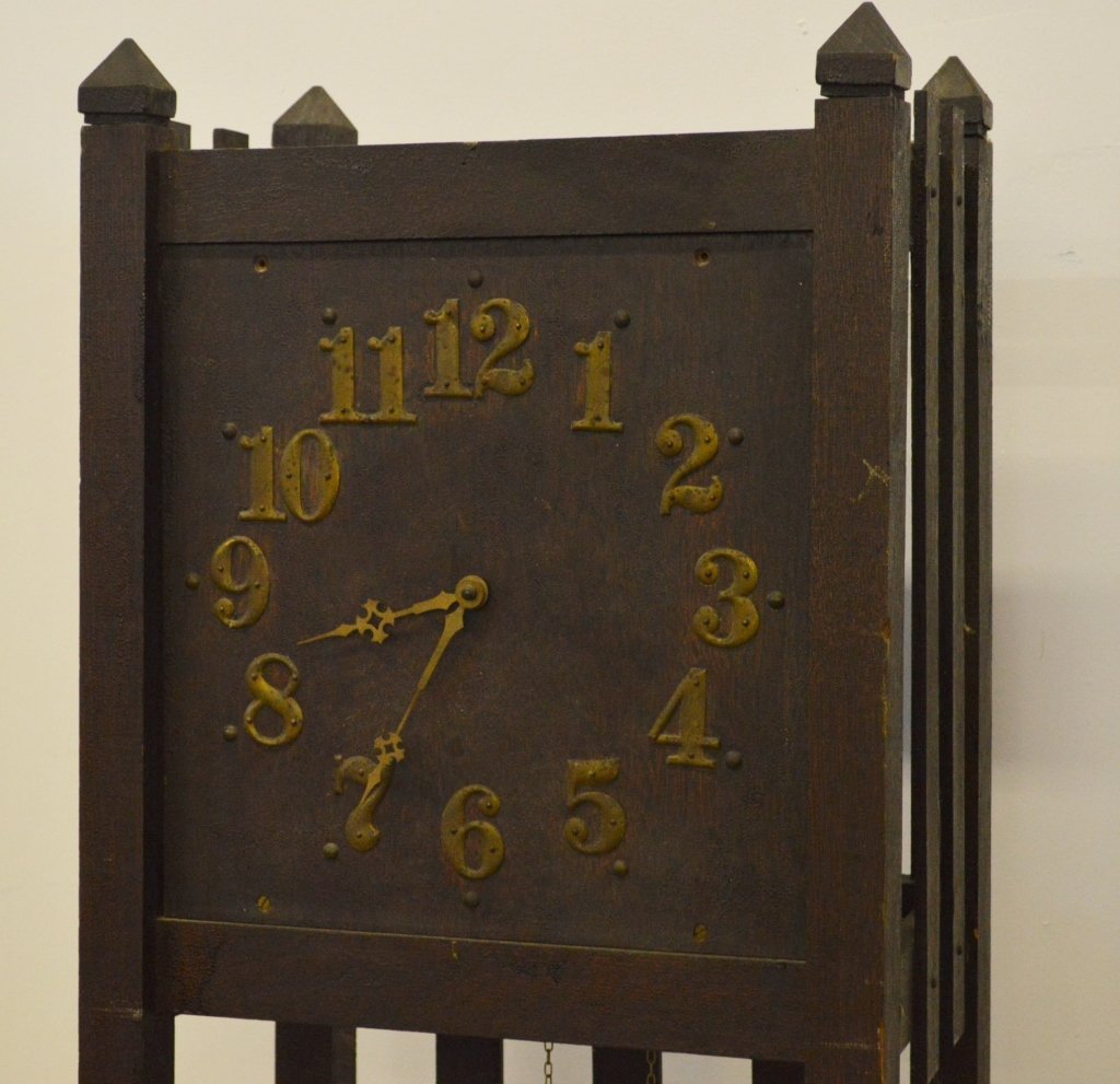 Mission Style Tall Case Clock: Maker unknown, weight driven. Does not include weights. Measures 74" x 18" x 12.5"