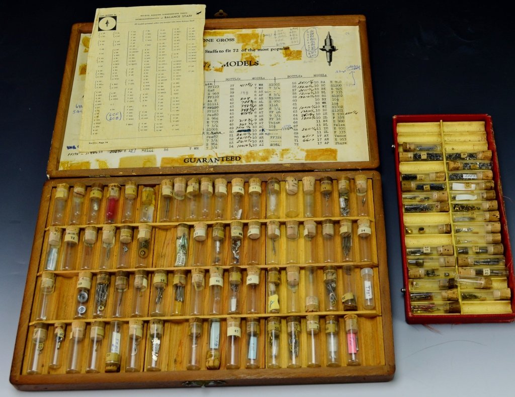 Bulova Balance Staff Grouping: Includes large fitted case of Bulova swiss balance staffs and other miscellaneous parts.