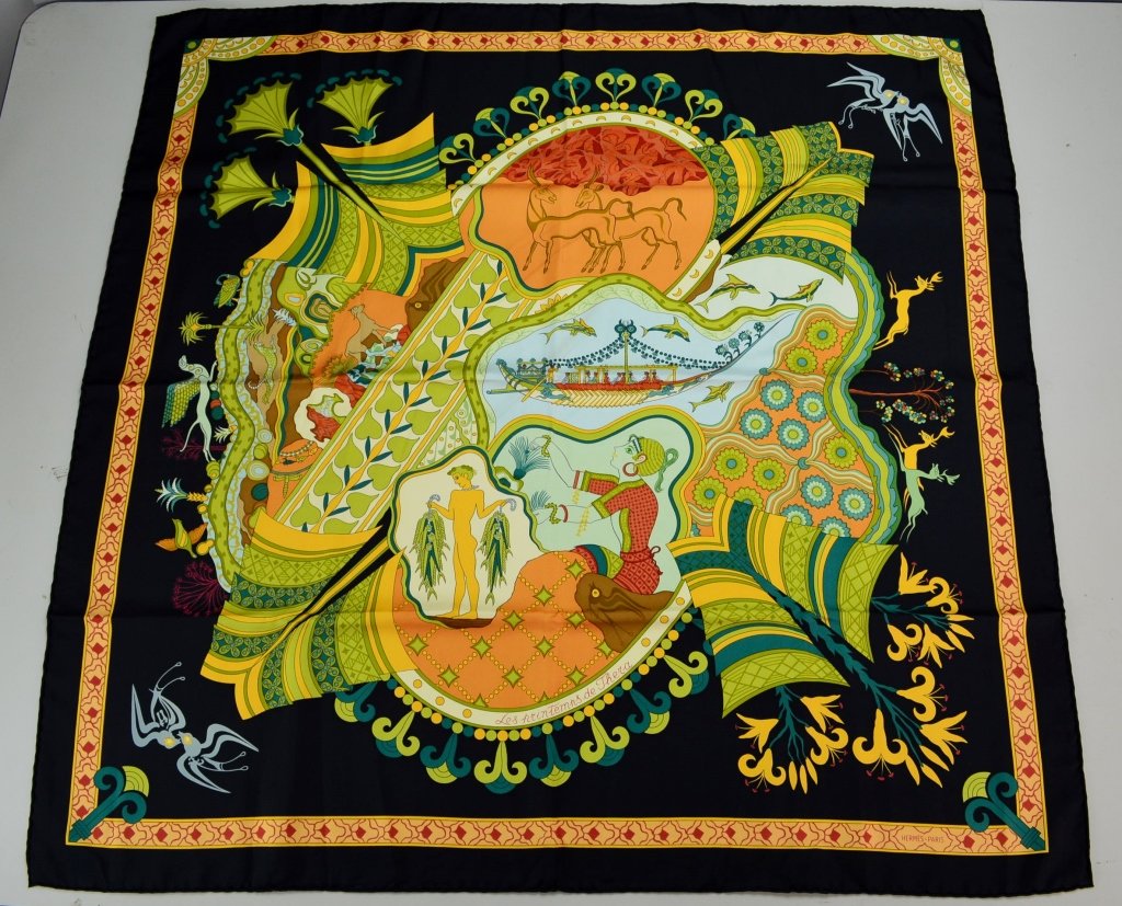 Hermes Les Printemps de Thera Silk Scarf: Hermes Les Printemps de Thera Silk Scarf designed by Julia Abadie in a black colorway honoring springtime on the Greek Island of Santorini (Thera). Measures approx. 35" x 35", has original Hermes Pari