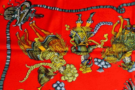 Hermes Les Fetes du Roi Soleil Silk Scarf: Hermes Les Fetes du Roi Soleil (Festivals of the Sun King) Silk Scarf designed Michel Duchene in 1999. Central focal point is a feathered headdress, with various horseman and musical instruments accen