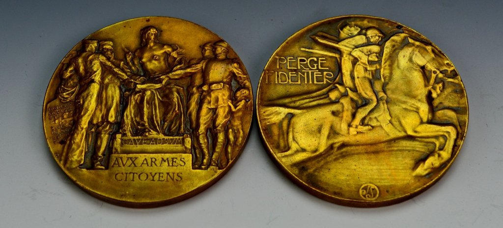M. Nelli Bronze Medal Grouping: Includes (2) M. Nelli Bronze Medals. First one Depicts Flags in a Wreath, reads,"in periculo et in victoriam surgo." meaning, "the risk and get the victory" reverse depicts Cavalry. Reads, "perge fide
