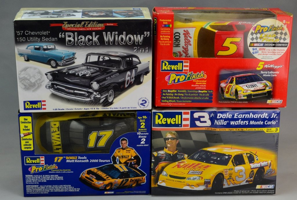 Revell 1:25 / 1:24 Model Grouping: Includes (4) Revell models: 1:25 #64 Special Edition "57 Chevy 150 Utility sedan "black widow", 1:24 Pro finish #5 terry labonte monte carlo Kellogs, 1:24 #3 Dale Eanhardt Jr. Nilla Wafers Monte Carlo