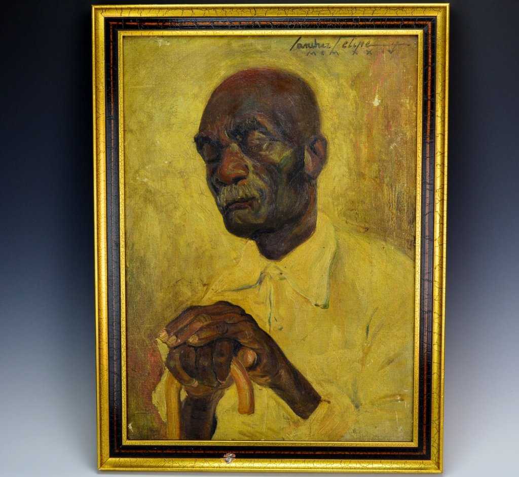 Alejandro Sanchez Felipe: 1895-1971. Spain Puerto Rico. Oil on canvas portrait. SDUR, 1925. Measures 19" x 25" framed, 16" x 22" viewable.