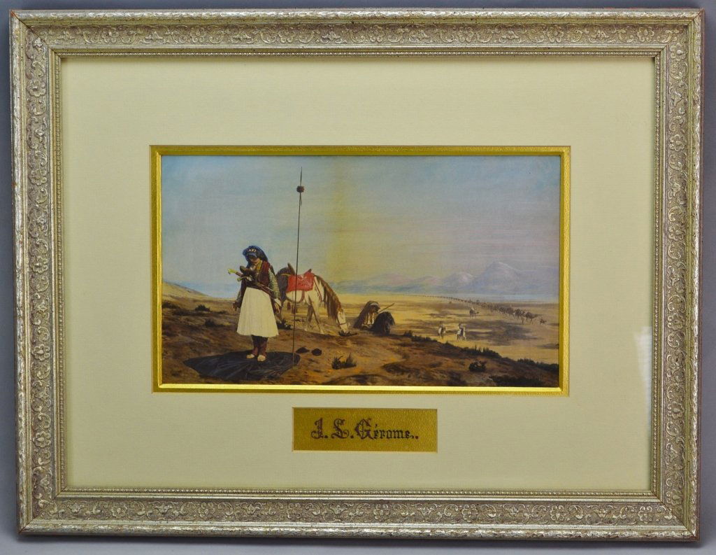 Jean Leon Gerome Goupil & Cie: In the Academicism style with orientalist subject, A rare and important original 19th century hand colored lithograph in it's original gilt, ebonized and carved frame. Jean-Léon Gérôme was born 182