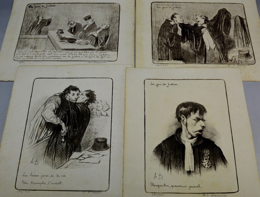 Honore Daumier: 1808-1879, France. Grouping of (4) hand signed and numbered prints. Have varying degrees of foxing. Plate size 11" x 9"