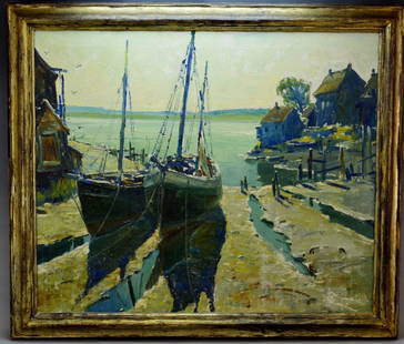 Anthony Thieme: 1888 - 1954, Holland United States, oil on canvas, " Morning Eastport ME, retains The Connecticut Academy of Fine Arts Twentieth Annual Exhibition 1930 Tag. SLR. 34" x 29.5" framed, 29" x 24.5" viewab