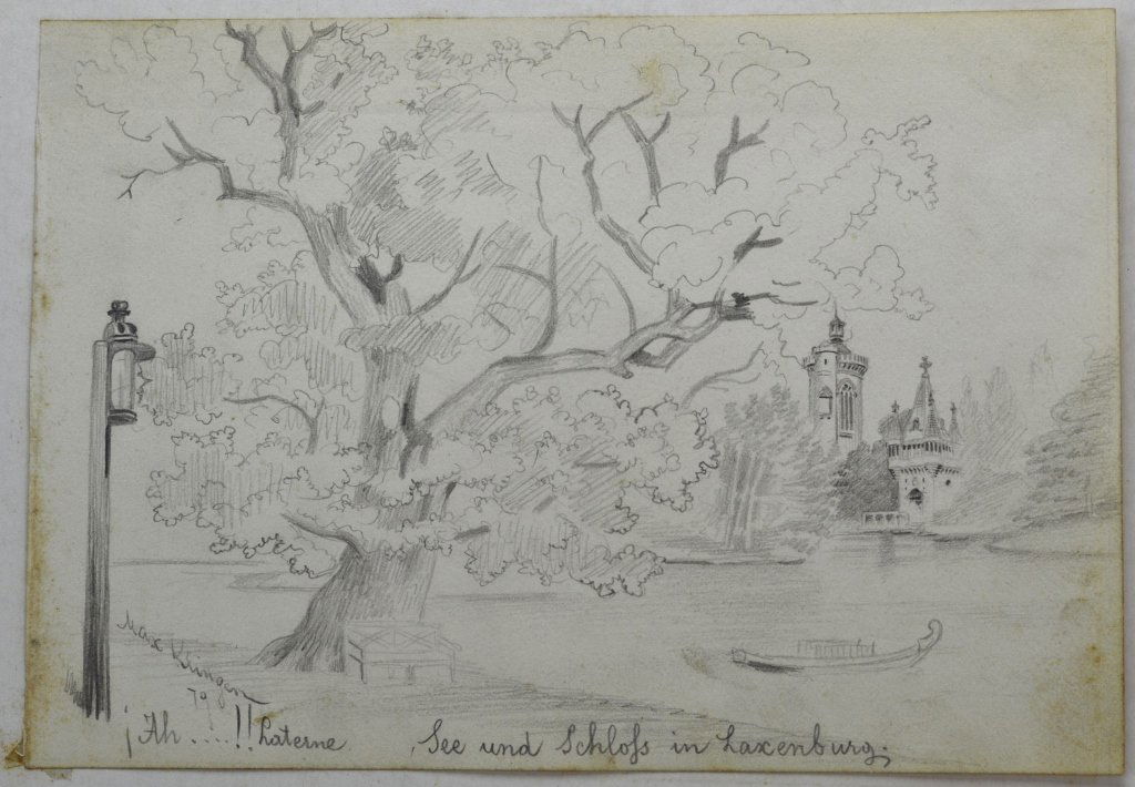 Max Klinger: 1857 - 1920, German. Pencil sketch, " SDLL '79.See und Schlofs in Laxenburg" (Lake and Castle in Laxenburg) 7" x 10". minor foxing to border
