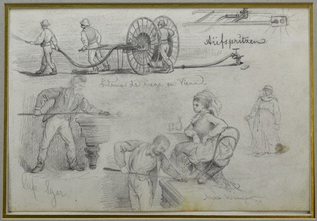 Max Klinger: 1857 - 1920, German. Pencil sketch, " SDLR '79. With irrigation system, billiards players, etc. 7" x 10" Minor foxing.