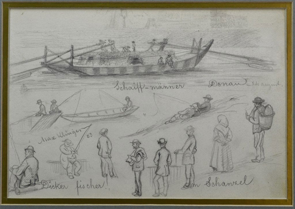 Max Klinger: 1857 - 1920, German. Pencil sketch, " SDL '83. With fisherman, and fishing boats. 7" x 10"