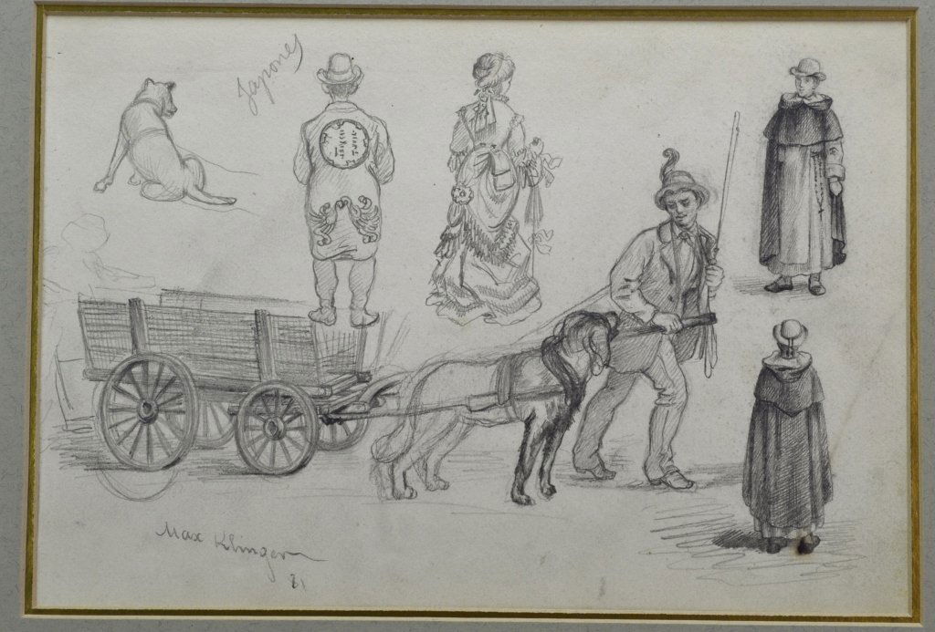 Max Klinger: 1857 - 1920, German. Pencil sketch, " SDLL '81. With horse drawn carriage, dog, formal lady and gentleman, and priest. 7" x 10"