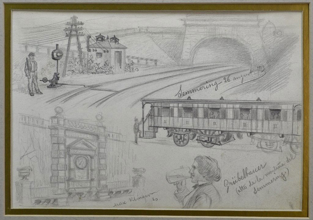 Max Klinger: 1857 - 1920, German. Pencil sketch, " SDC '80. With Semmering Railway sketches of tunnel, cars and monument to Karl Ritter von Ghegas, who constructed the railway.
