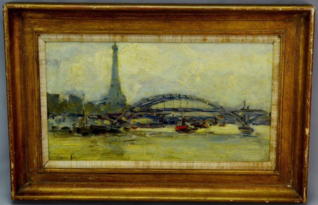 Signed Edward Seago: 1910 SLL. Oil on board. Impressionist, View of Passarelle Debilly bridge across the river Seine overshadowed by the Eiffel Tower. 17" x 11" framed, 13" x 7" viewable.