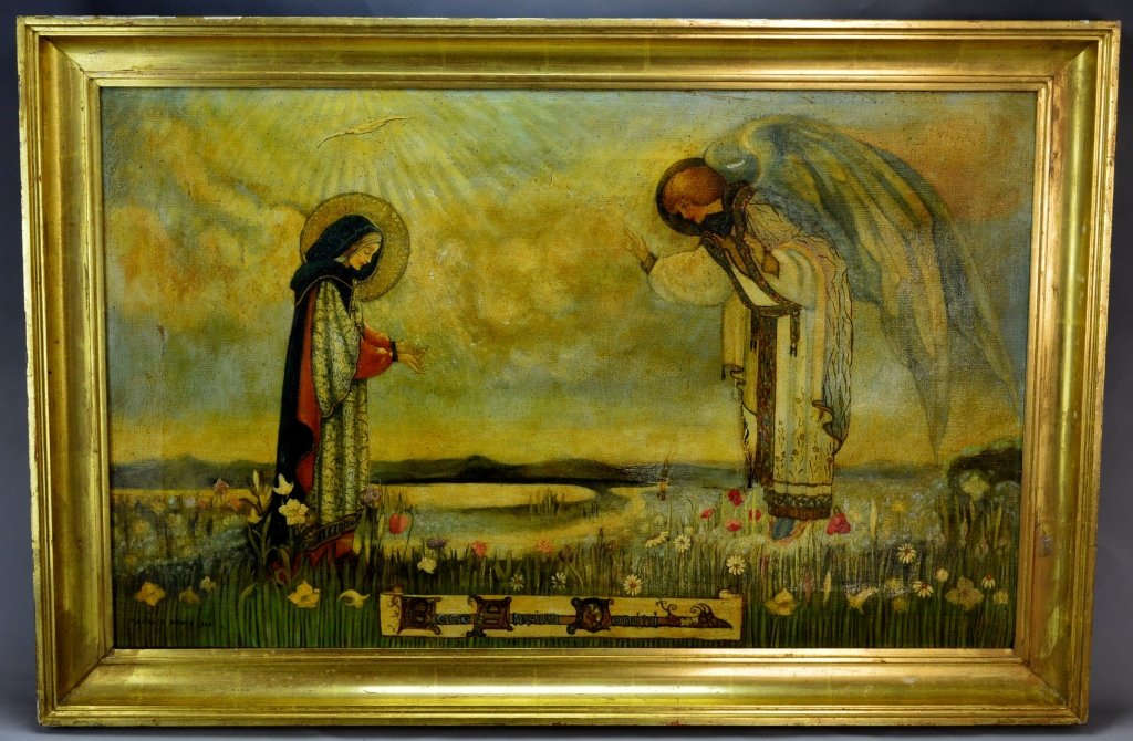 Maurice Denis: (1870-1943) France. Oil on canvas, SDLL 1924. " Ecce Ancilla Domini". 41" x 29" framed, 32" x 20" viewable. Has 3.5" x 2" tear and repairs, please see photo's.