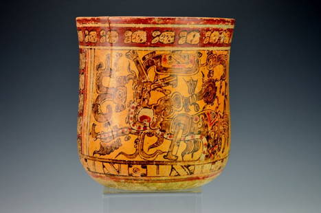 Mayan Painted Vase : Sotheby's: Late Classic, c. A.D. 550-950, in black, white and deep brownish - orange on a pale orange ground, with two broad panels each containing an elaborate glyph, band of glyphs separating the panels, and n