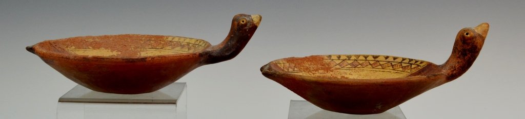Pair on Inca Dishes : Sotheby's: undecorated center band, rim decorated in crosshatched pattern, avial head with bulbous eyes. Width 8". Provenance: Sotheby Parke Bernet 4/22/75 Lot #154, include original auction tags. From the livin