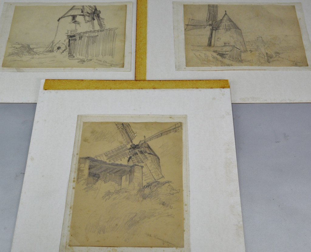 Max Klinger: 1857 - 1920, German. Pencil sketches, Grouping of (3) various angles of a windmill. (1) has small pole, please see photos. 6.25" x 8.25". All SLR.