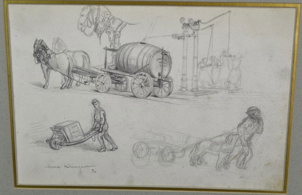 Max Klinger: 1857 - 1920, German. Pencil sketch, SDLL '80. With horse drawn wagon, laborer and a small drawn wagon. 7" x 10"