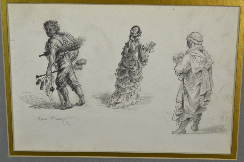 Max Klinger: 1857 - 1920, German. Pencil sketch, SDLL '81. With a laborer, a lady and a Moor. 7" x 10"
