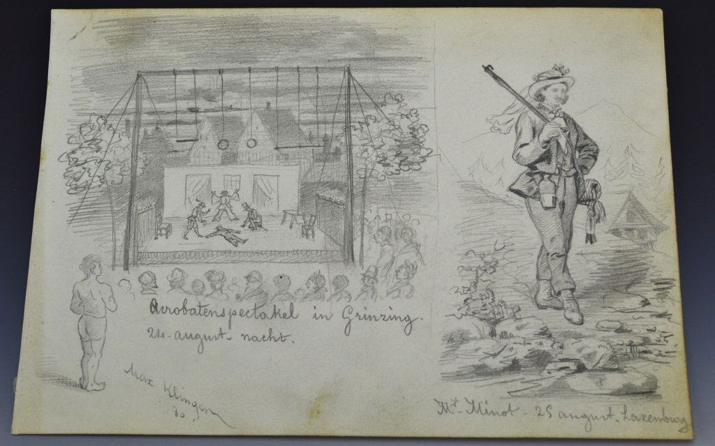 Max Klinger: 1857 - 1920, German. Pencil sketch, SDLL '80. With the " Acrobatens spectakel" in Grinzring, and a sketch of Mr. Minot, Laxenburg. 7"x 10"