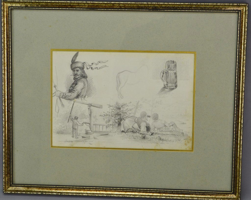 Max Klinger: 1857 - 1920, German. Pencil sketch, SDLL '80. With various sketches including a lounging couple, a pint of beer and man working a large pump. Framed 14"x 17" and 7" x 10" actual. Minor foxing lower ri
