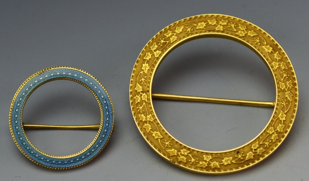 14k Yellow Gold Pin Grouping: Includes Carter Gough hallmarked 14k yellow gold and pale blue guilloche pin .75" and .8 dwt and 14k yellow gold pin hallmarked 14k with an acorn, 1.25" and 2.5 dwt, engraved Frank to Tillie.