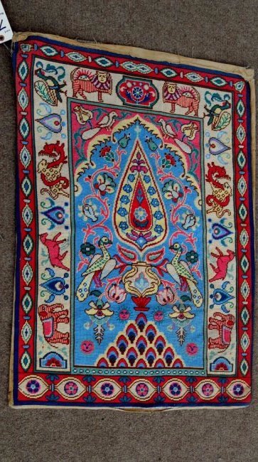 Early Moroccan Prayer Rug or Needle Point Tapestry: With figures of elephants, horses, lions, and other figures, measures: 24" x 34"