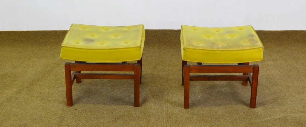 Pair Jens Risom Floating Benches / Ottomans: Unsigned Jens Risom, American made mid-century modern floating walnut stools or Benches. Original upholstery needs to be replaced, but frames are very clean and show well. Seat raised over walnut fram