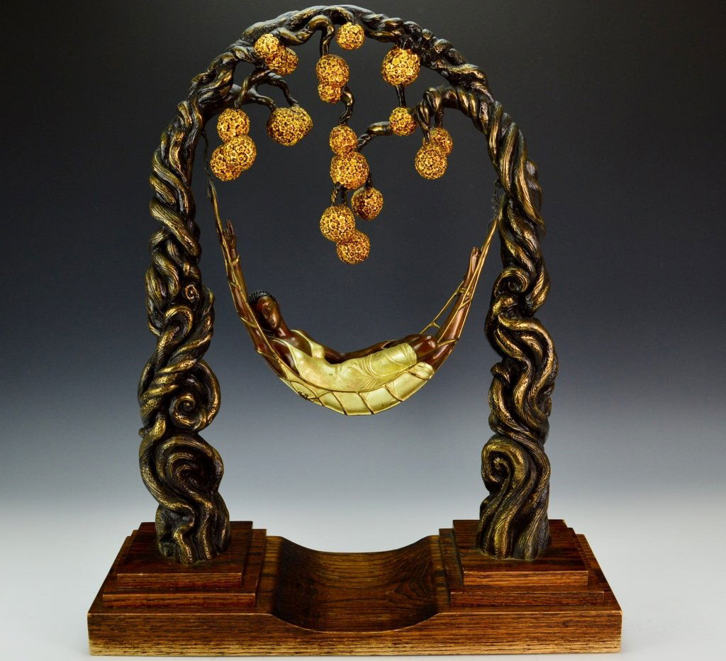 Erte "Spider Web" Bronze Sculpture: Erte bronze limited edition sculpture, "Spider Web". Marked: Â© Chalk Vermilion and Sevenarts L/L. on an oak base. (Approx. 22 1/4" x 19"), 7 arts, 251/375, dated 1989