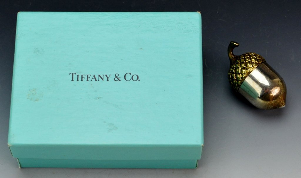 Tiffany & Co. Sterling Acorn Thimble Holder: Tiffany and Company sterling silver thimble holder, acorn motif. Includes Tiffany & Co. box