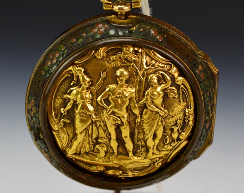 Wm. Rivers Gold Repousse Verge Pocket Watch : Sotheby's: A gold repousse and shagreen triple cased verge watch, William Rivers, No. 1961. circa 1776. Gilt full plate movement, signed and numbered, pierced and engraved balance bridge, white enamel dial, Roma
