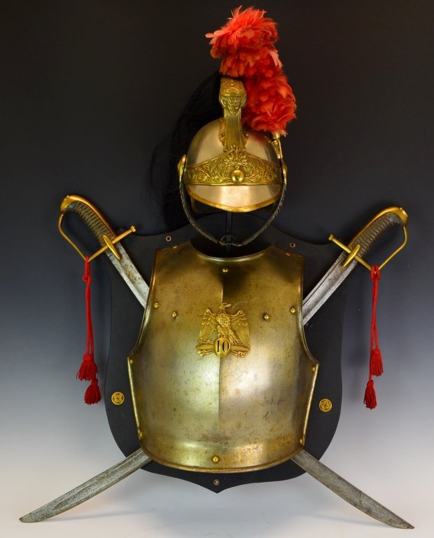19th C. French Armor Display: French Model 1872 dragoon helmet, of standard pattern with steel skull, brass Medusa crest with horsehair plume, frontplate with grenade and laurel branches, leather-backed brass chinscales and black 