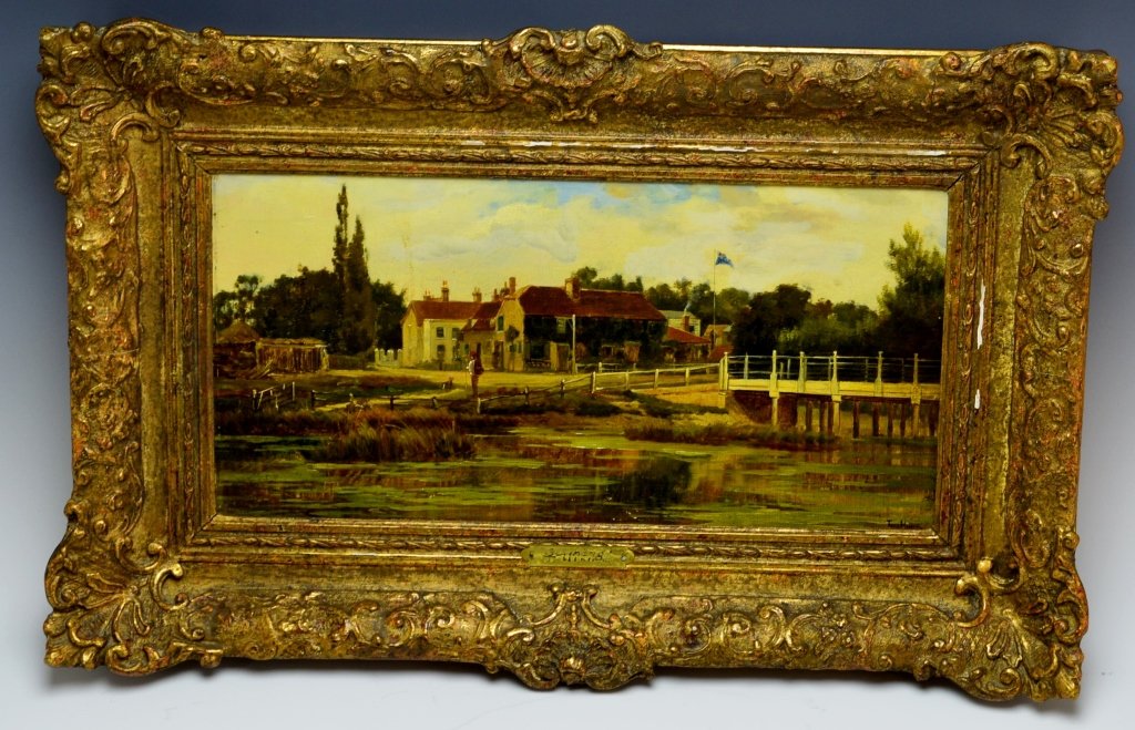 Theodore Hines: FL.1880-1890. United Kingdom, oil on canvas, SLR and en verso. "The French Horn, Sonning" 22" x 14" framed, 15" x 7.5" viewable.