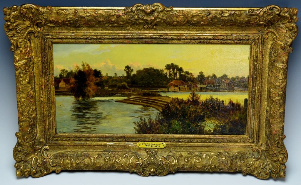Theodore Hines: FL.1880-1890. United Kingdom, oil on canvas, SLL and en verso. " At Pangbourne" 22" x 14" framed, 15.5" x 7.5" viewable.