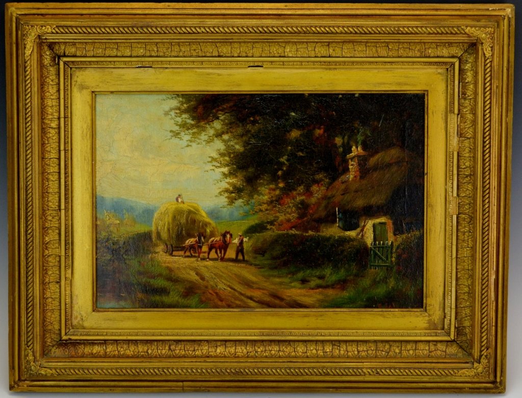 O. Salem: A very nicely done 19th century pastoral scene of men and horses pulling a hay wagon along a country road by a thatched roof home. 19th century oil on masonite. Approx: board 20 1/2" x 14 1/4". Frame 