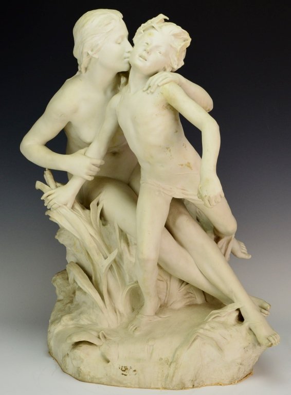 Sevres Bisque Porcelain Grouping: The Meadow and the Brook, by Francois Raoul Larche, dated 1893, with incised sevres hallmark. Professional restoration to arm. Measures 16" x 23" x 15"