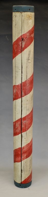 Early Bilco Painted Wood Barber Pole: Antique painted barber pole, measures 40" x 4.25". End caps read Bilco, Macon GA.