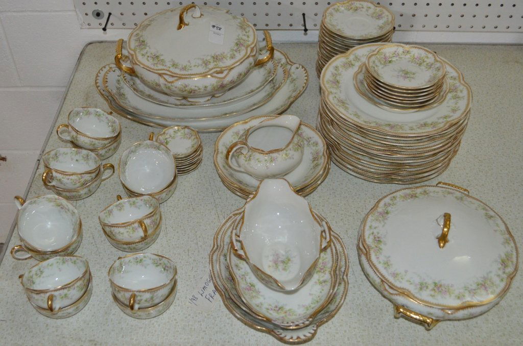 Theodore Haviland Limoges China Service: Theodore Haviland Limoges, french includes 11 10" plates,14 teacups, 17 coasters, 6 5" bowls, creamer, 9" gravy boat, 10" and 11" covered bowls, 9" and 10" serving bowl, 6" bowl, 3 7.5" bowls, 11.5",